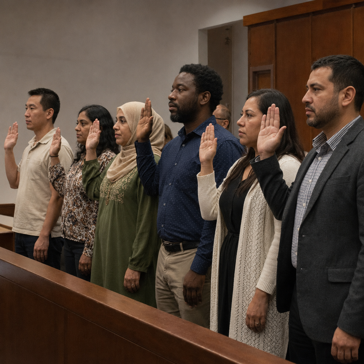 Diverse group of immigrants taking the Oath of Allegiance during a U.S. naturalization ceremony