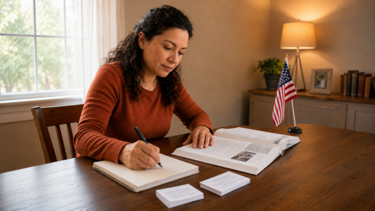 Woman studying at home for the U.S. naturalization civics test