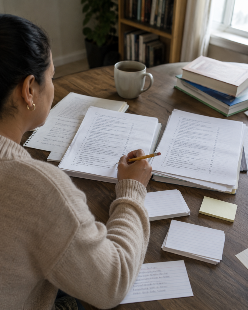 Adult learner reviewing printed U.S. citizenship test questions and handwritten civics notes at a table.