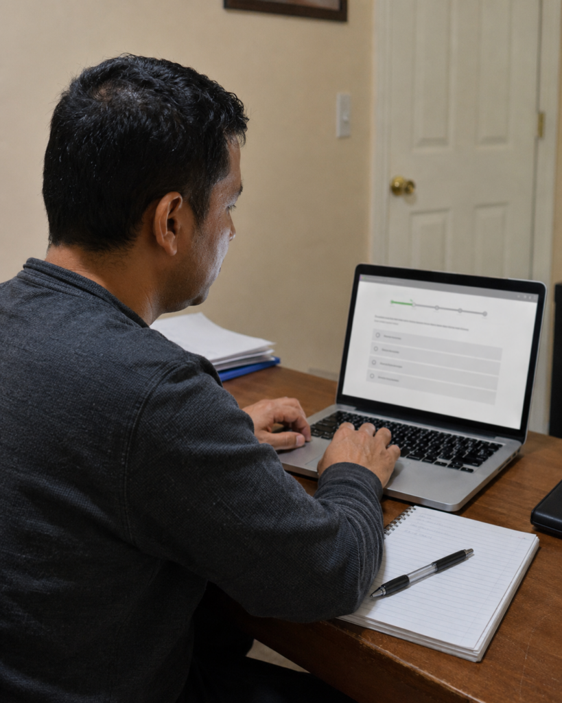 Adult learner taking an online U.S. citizenship practice test on a laptop at a desk.