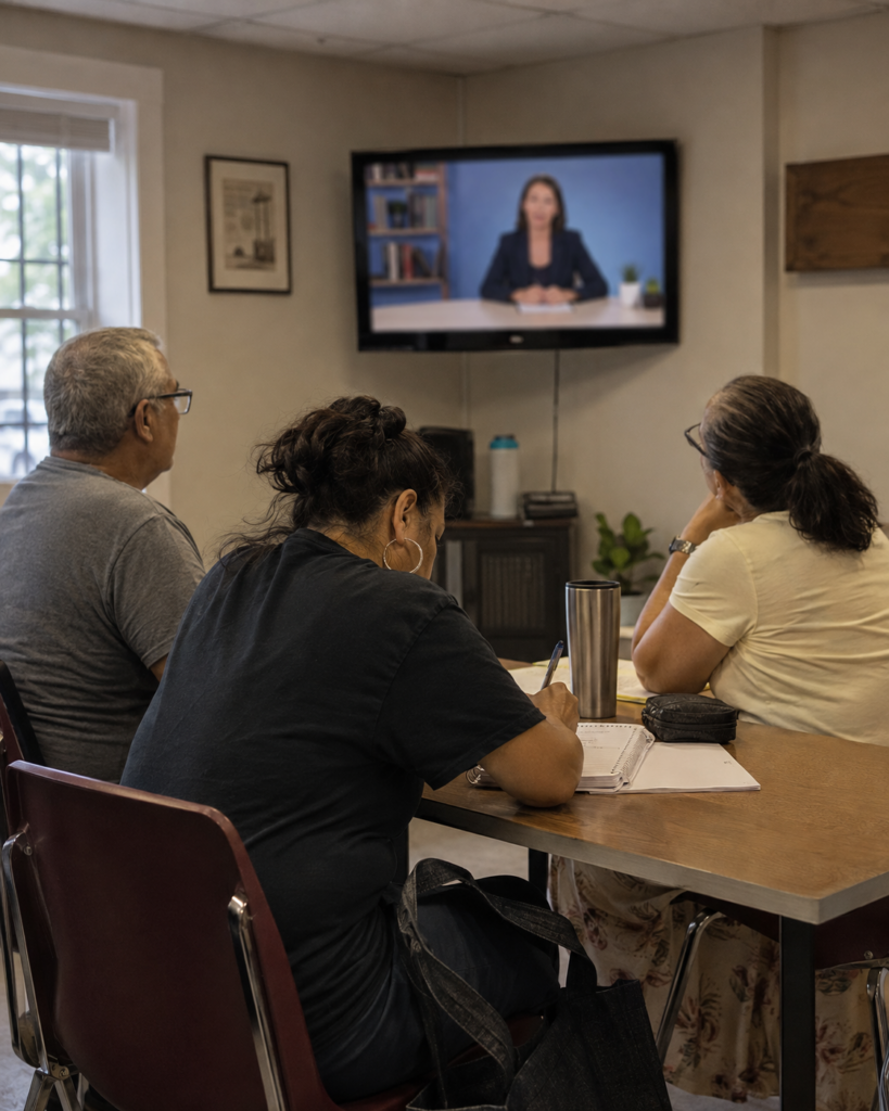 Adult learners watching a structured citizenship education video lesson