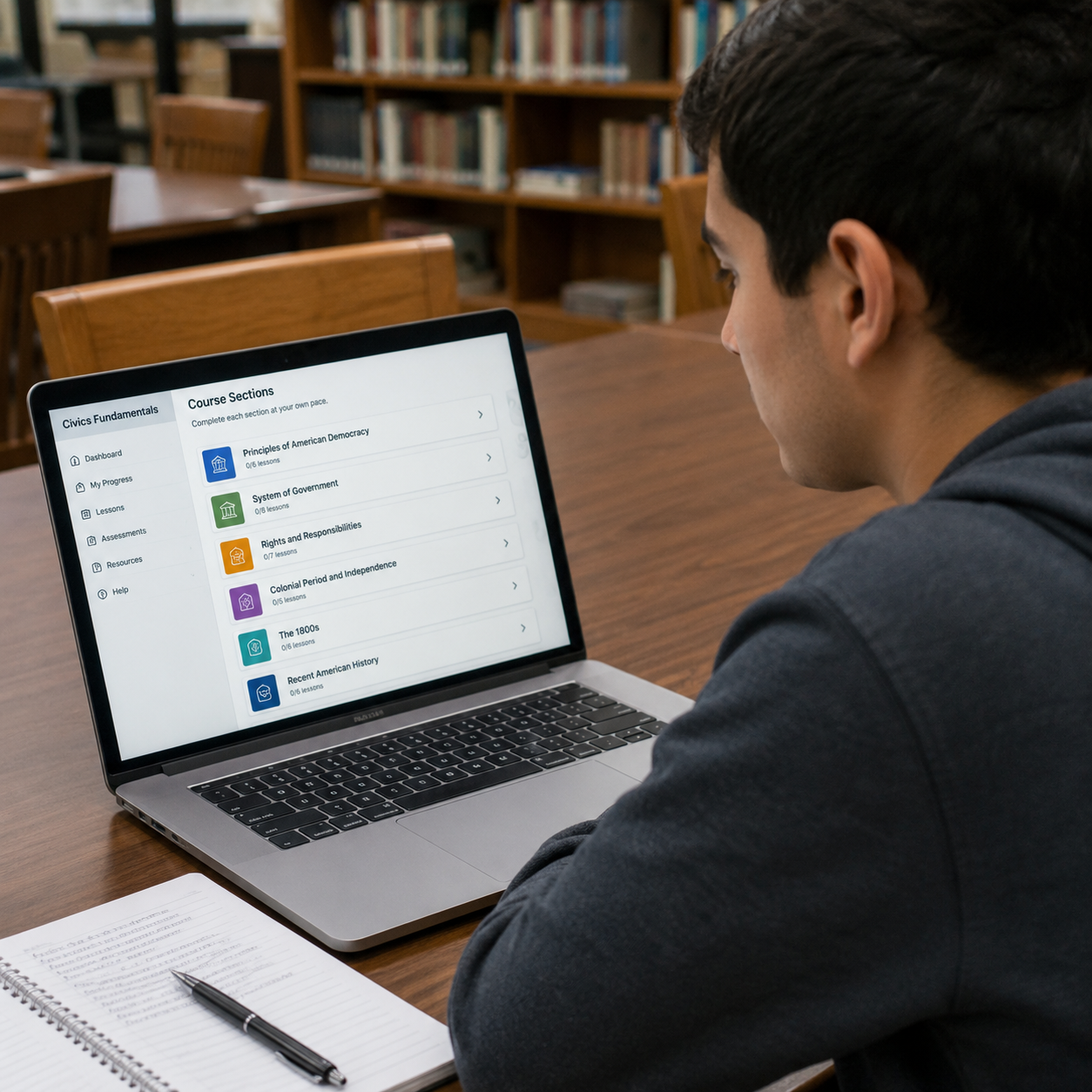 Adult learner reviewing Civics Fundamentals course sections on a laptop