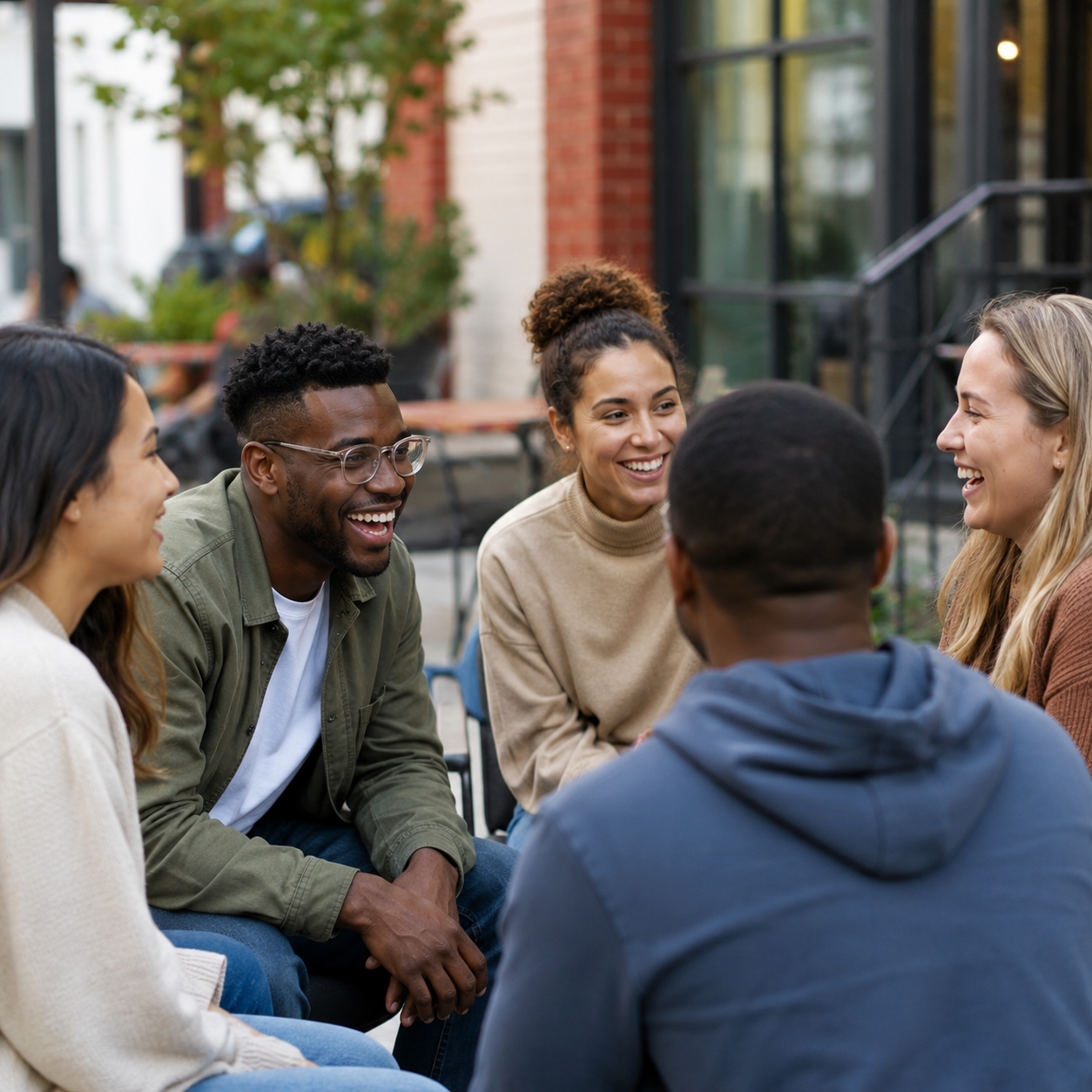 Diverse group of adult learners talking together outdoors