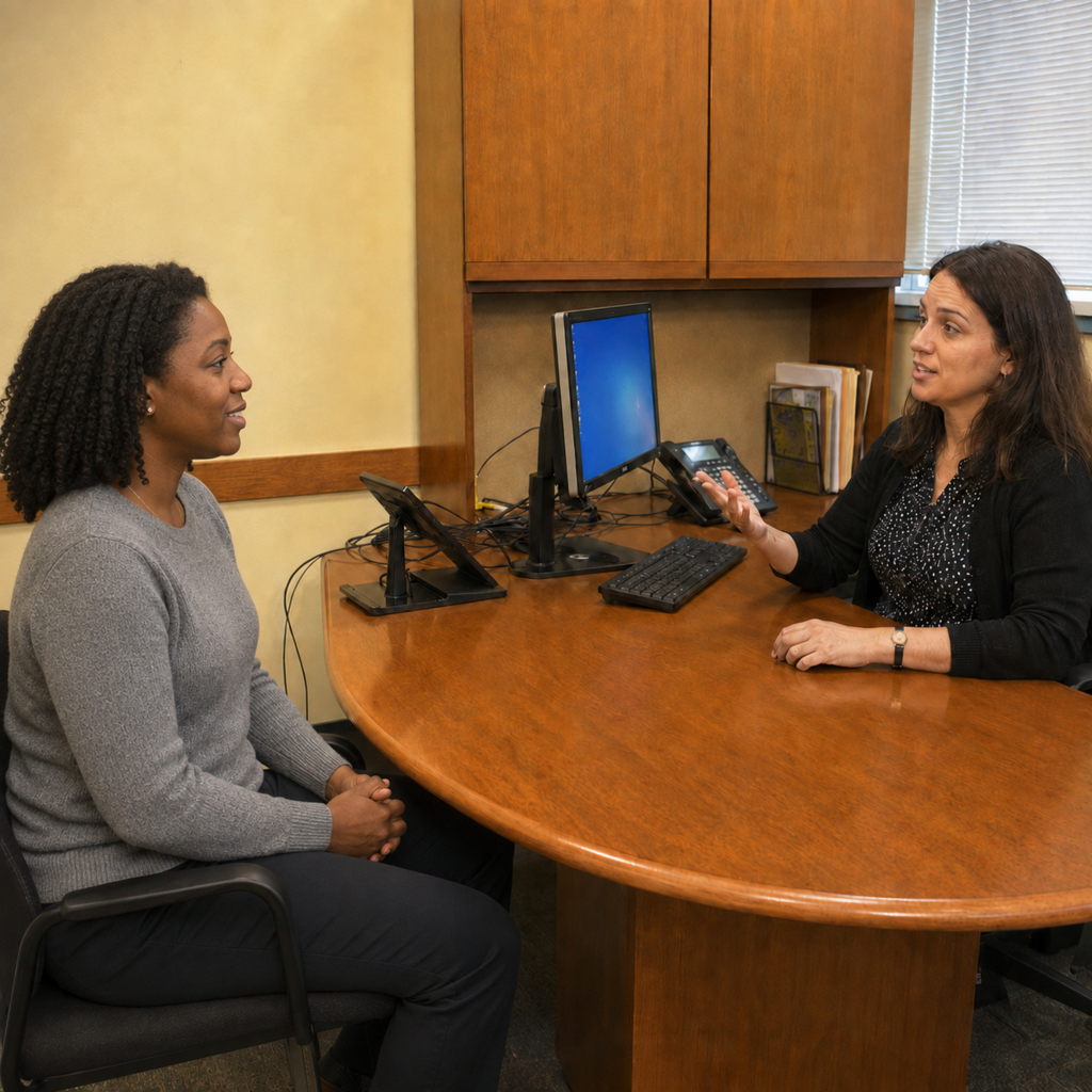 Female applicant speaking with an immigration officer during the oral U.S. naturalization civics test.